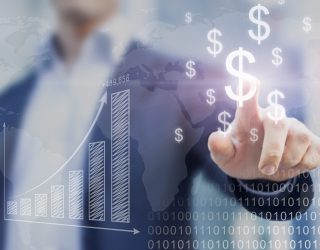 Businessman presenting financial analysis with charts generated by big data displaying international success and dollar signs